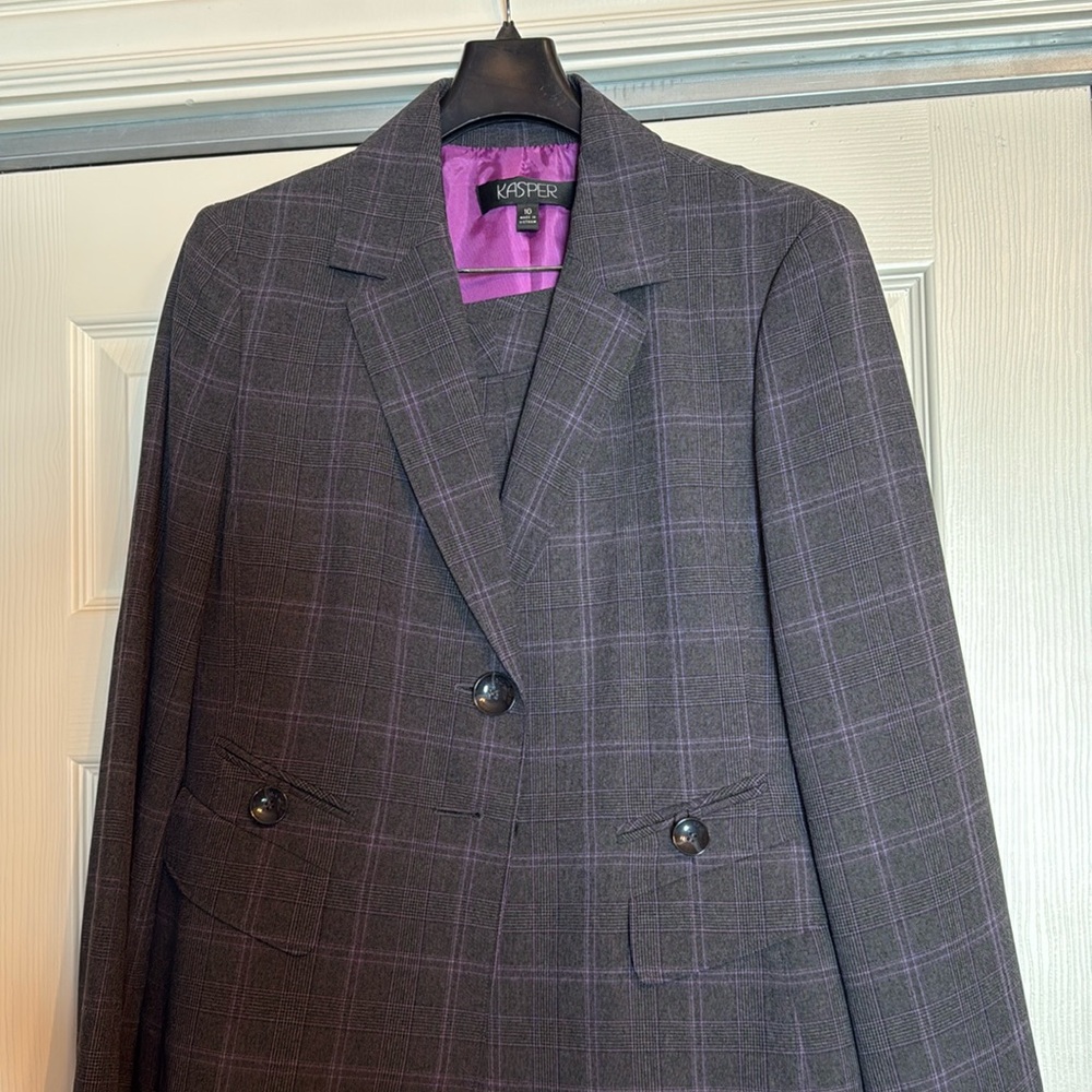 Brand New Kasper Business Suit - Jacket and Pants. Black with purple stripes